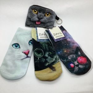 Cat Bundle🐈‍⬛ low cut socks🐈‍⬛ 3 pairs -one size +zip coin purse🐈‍⬛